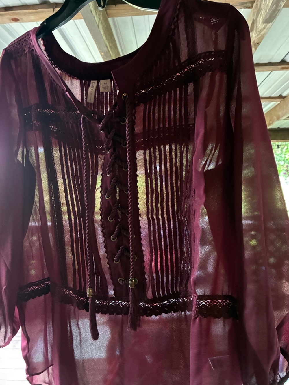 Cato Burgundy Lace-Up Sheer Peasant Top